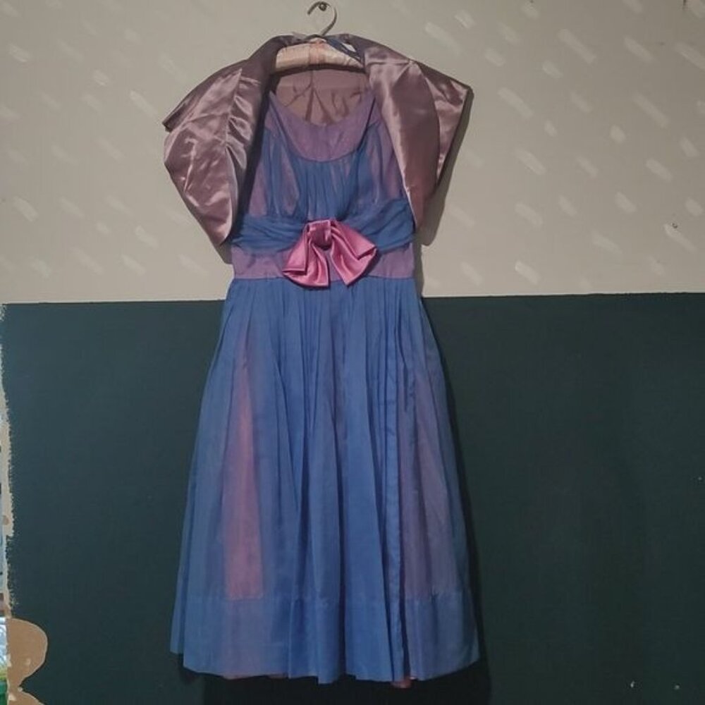 Vintage 1950s blue pink tulle prom dress formal shrug